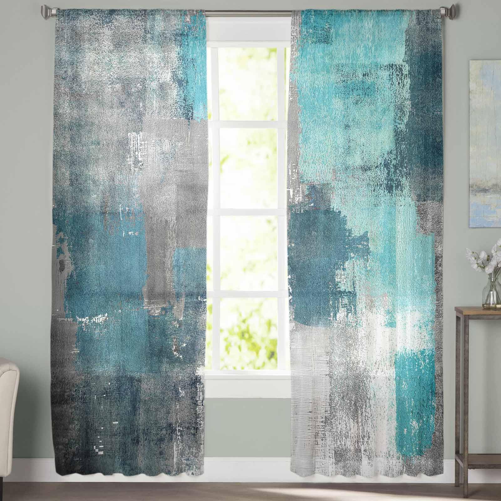 Amazon｜ターコイズブルーグレー シアーカーテン 長さ84インチ 2パネル